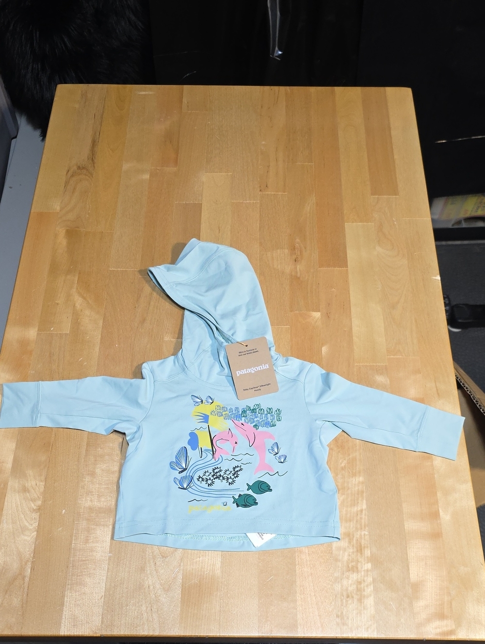 Patagonia Light Blue Kids Hooded Rash Top with Ocean Animal Graphic